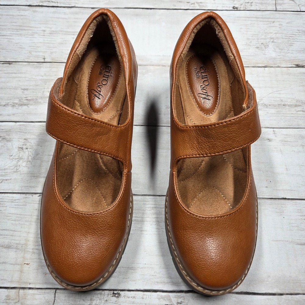 EuroSoft Franlee Mary Jane Wedge Shoe Women 7 Cognac Brown Faux Leather Platform - Picture 2 of 10